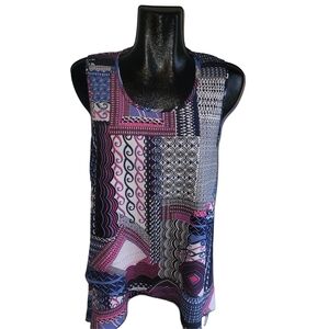 Papillon Patchwork Patterned Sleeveless High Low Top Size L